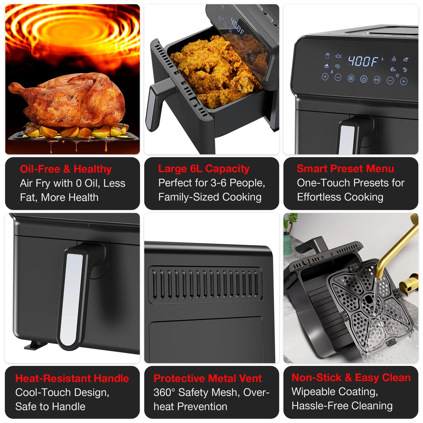 Air Fryer 6 Quart Capacity Air Fryer 12-In-1 Air Fry, Roast, Reheat, Dehydrate, Bake, Steam with 400F, Black