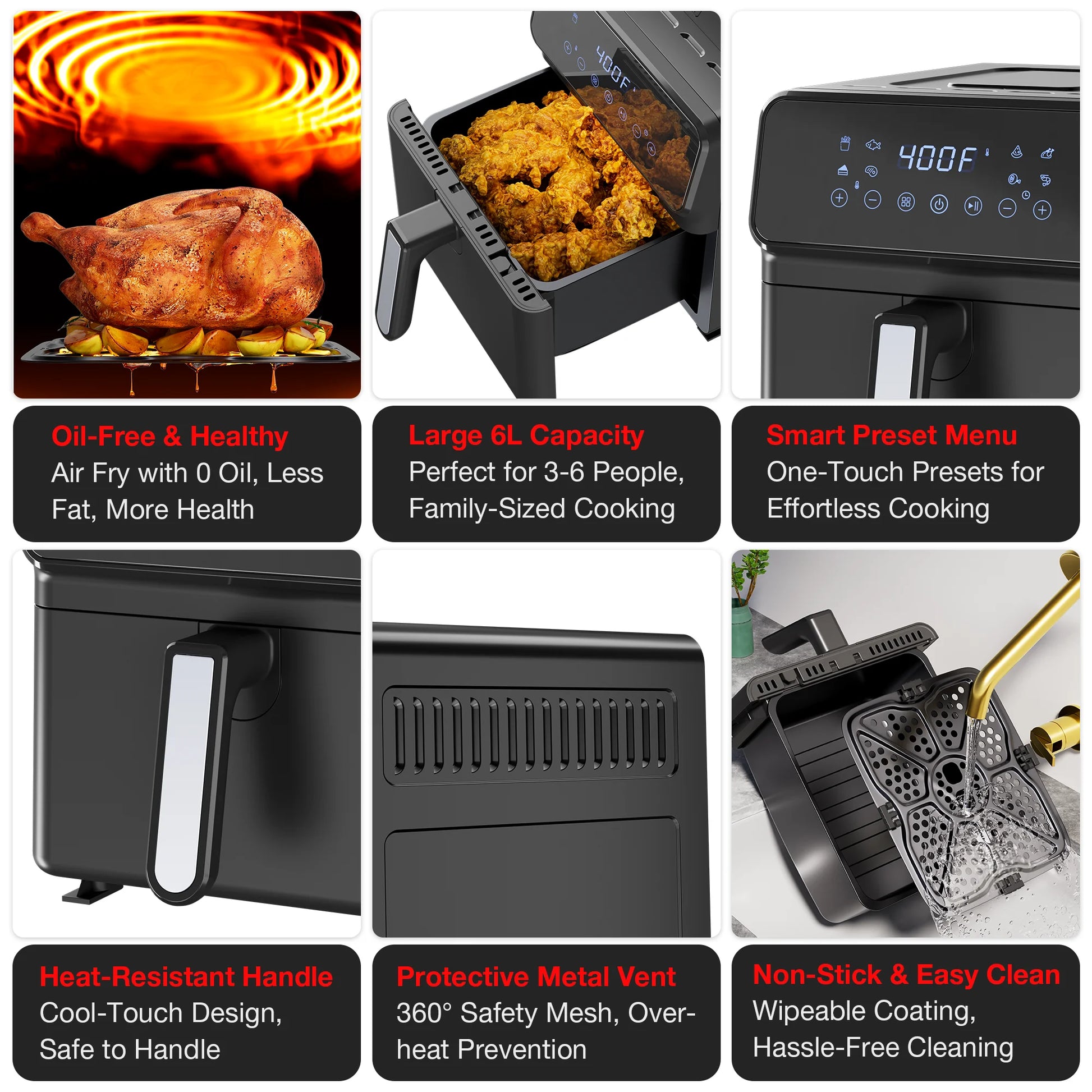 Air Fryer 6 Quart Capacity Air Fryer 12-In-1 Air Fry, Roast, Reheat, Dehydrate, Bake, Steam with 400F, Black